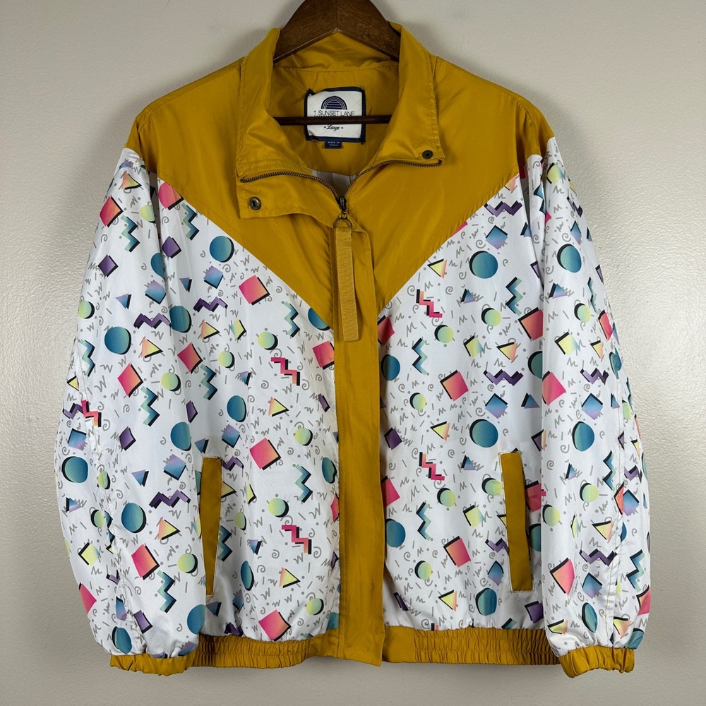 1 Sunset Lane Women's Large Windbreaker Yellow 90s Geometric Retro